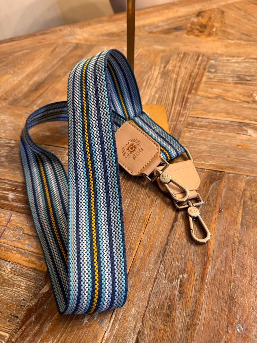 Consuela Adjustable Blue Striped Webbing Bag Strap with Tan Leather Ends